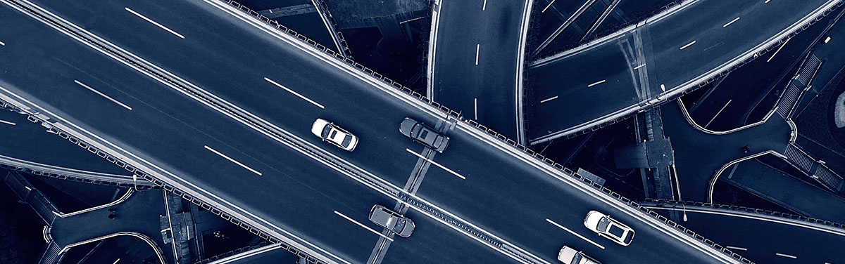 overhead shot of highways and interchanges