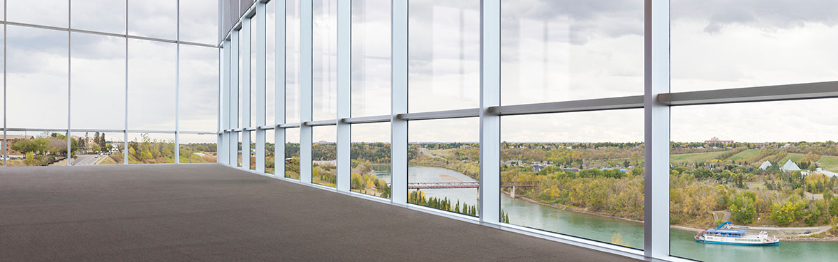 view from corporate office space overlooking a river valley